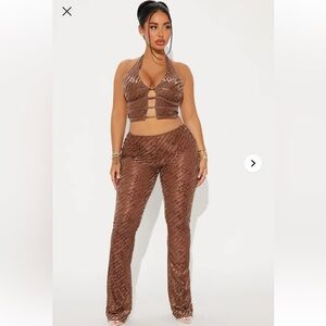 NWT Fashion Nova Starla Velvet Burnout Pant Set - Mocha. Sz: XL